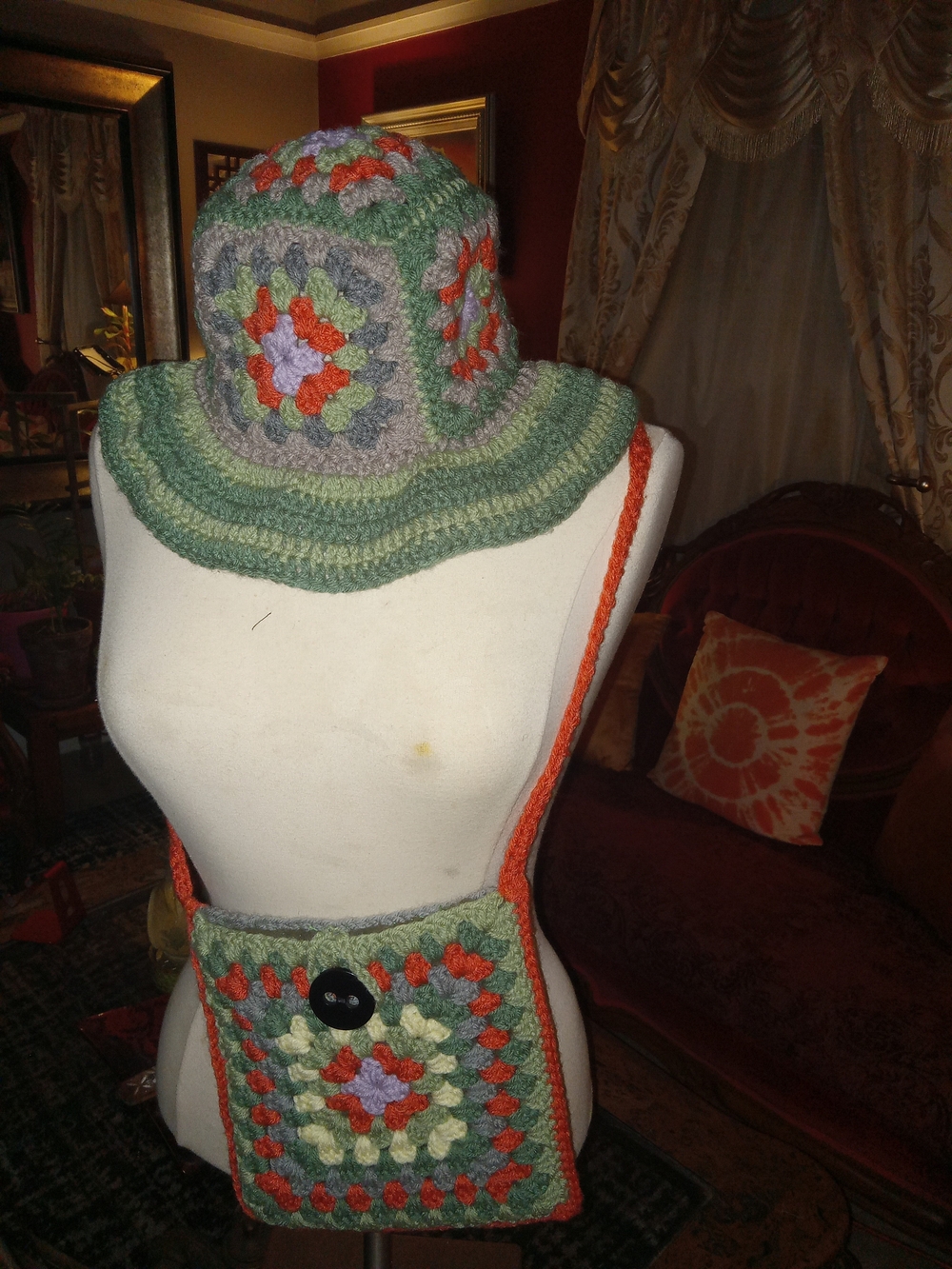 Hand-Crocheted Green Multi-Color Bucket Hat with Matching Crossbody Bag